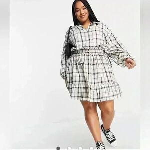 ASOS DESIGN Curve mini skate shirt dress with open back in check black and white